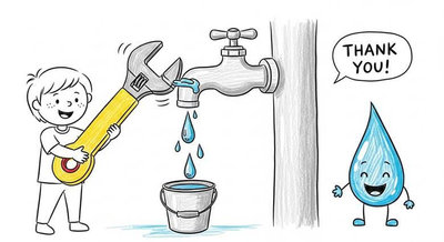 Cậu bé dùng cờ lê sửa vòi nước bị rỉ giọt nước vui mừng nhảy múa và nói lời cảm ơn