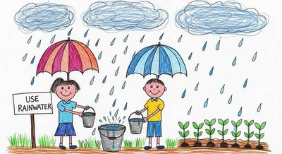 Hai bạn nhỏ hứng nước mưa vào thùng với biển Use Rainwater tận dụng nguồn nước tự nhiên