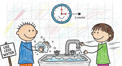 Hai bạn nhỏ thực hành rửa tay trong 5 phút với biển Use Less Water tiết kiệm từng giọt nước