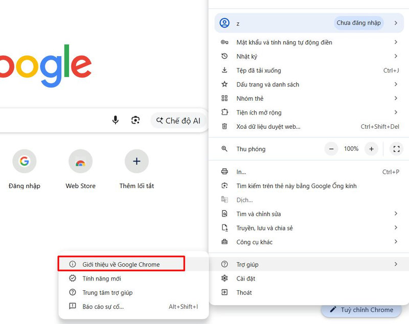 Tìm tới mục giới thiệu về Google Chrome