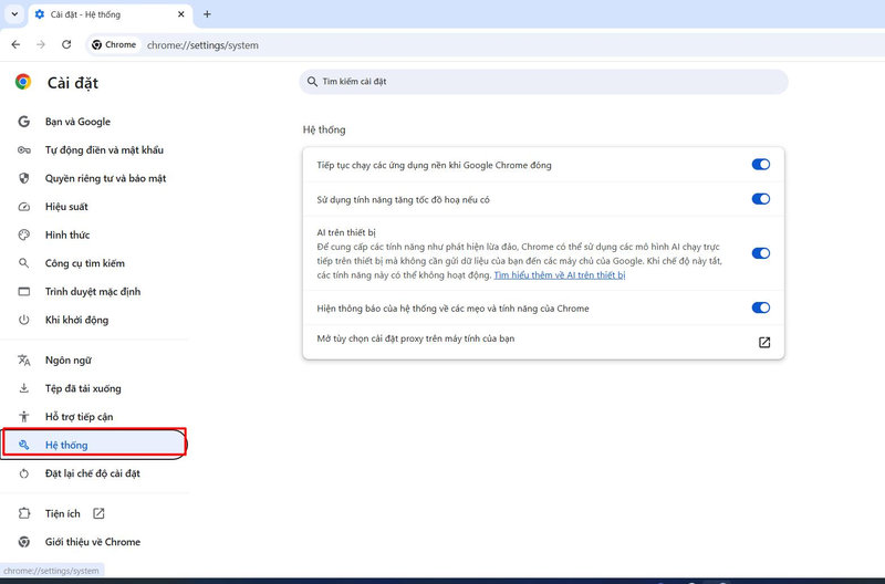 Tìm tới mục hệ thống trên Chrome