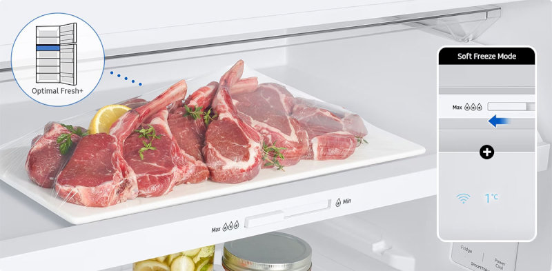 Ngăn đông mềm Optimal Fresh+ của tủ lạnh Samsung giúp thịt, cá tươi lâu hơn gấp 2 lần