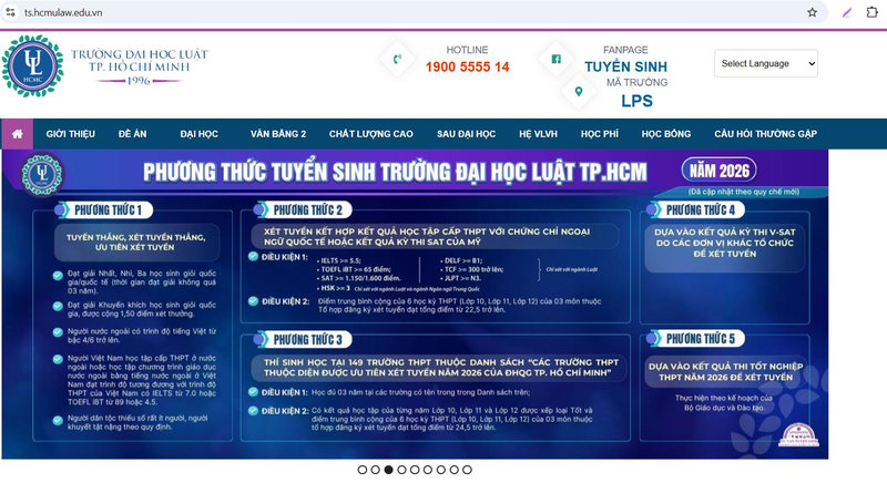 Website Trường Đại học Luật TP.HCM (ULAW) sẽ cập nhật điểm chuẩn ngay sau khi thông báo