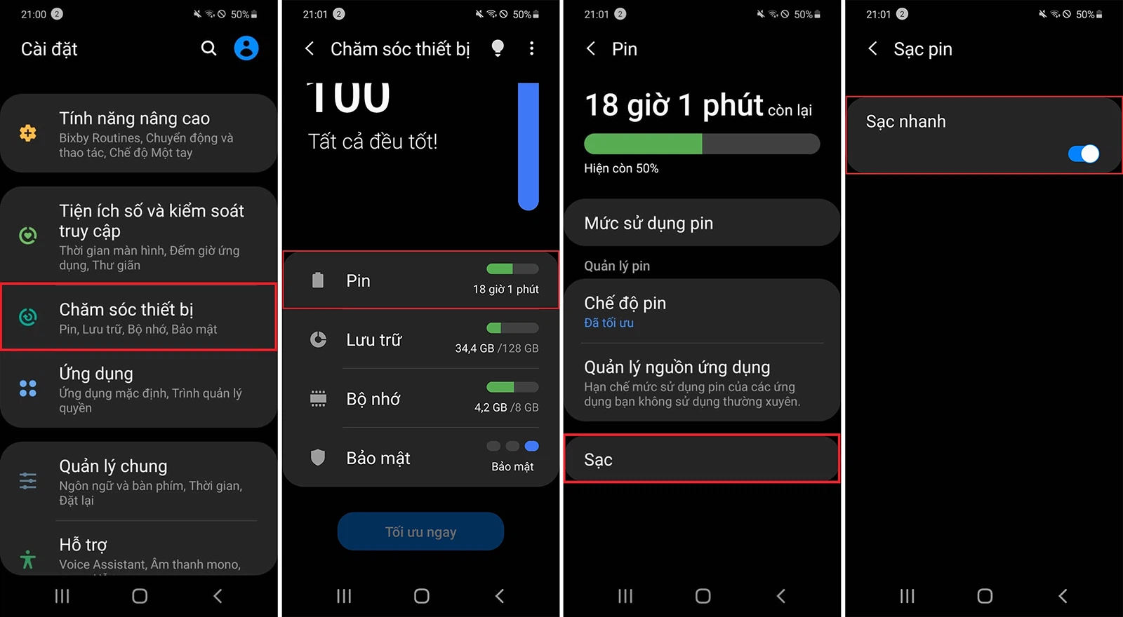 Các bước nhảy chế độ sạc nhanh bên trên điện thoại thông minh Samsung hệ điều hành quản lý Android 10.