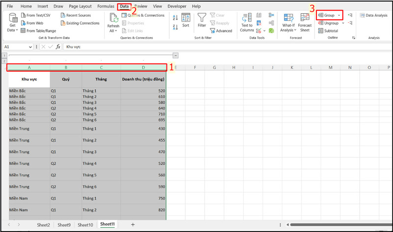 Nhóm hàng hoặc cột bằng tính năng Group