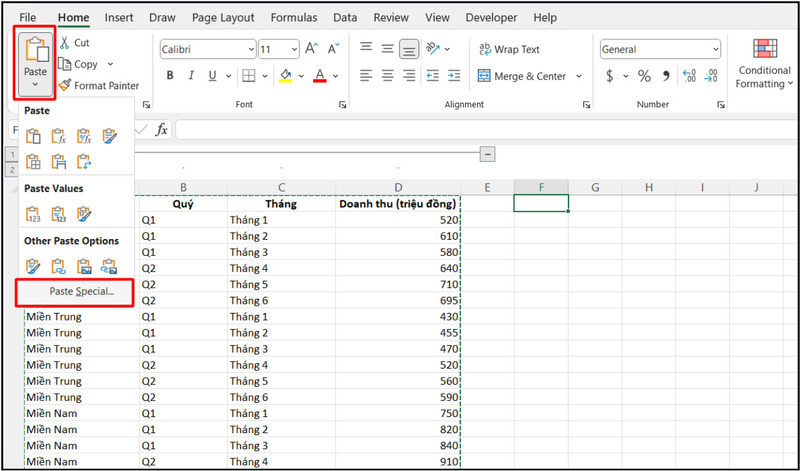 Chọn Paste Special để hoán đổi