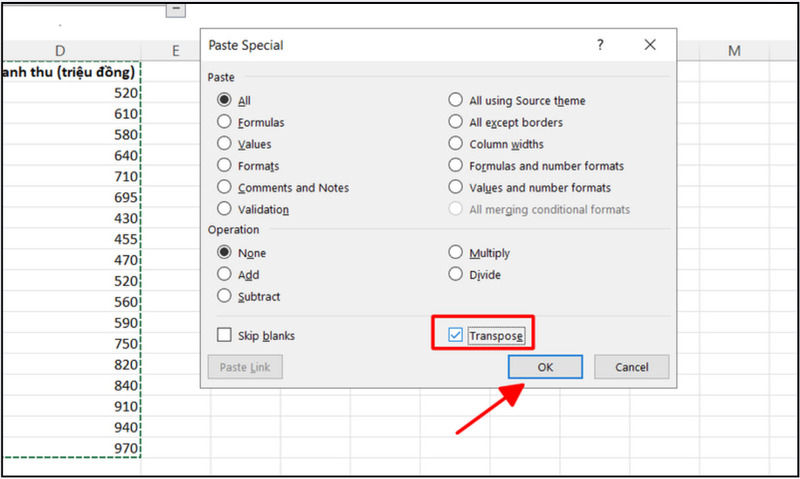Đánh dấu Transpose trong Paste Special