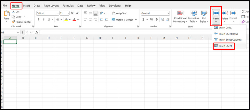 Cách thêm worksheet bằng menu Home
