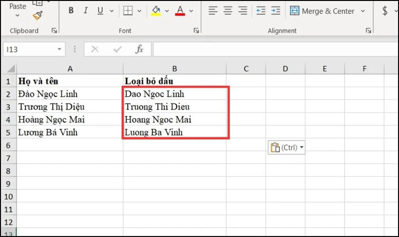 Dán kết quả đã bỏ dấu trở lại Excel