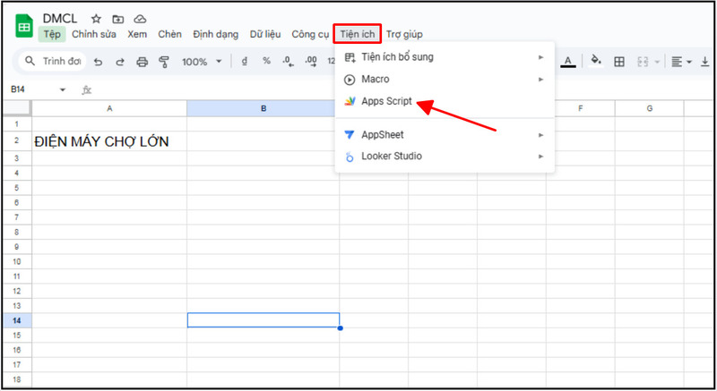Chọn Apps Script trong menu Tiện ích