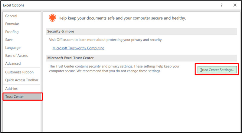 Truy cập mục Trust Center