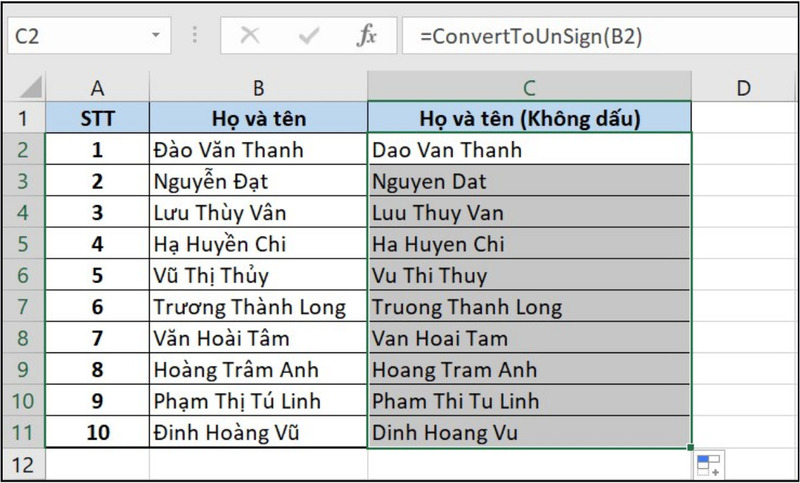 Kết quả sau khi áp dụng hàm ConvertToUnSign
