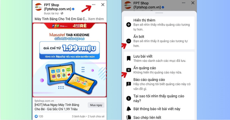 Chọn Ẩn bớt hoặc Ẩn quảng cáo để ẩn đi các bài viết quảng cáo