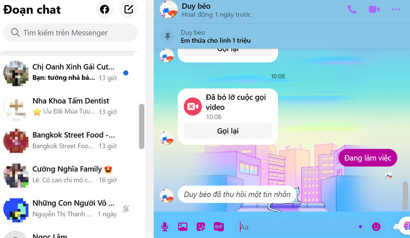 Các đoạn chat trên Messenger web