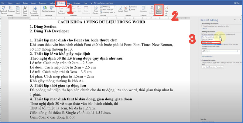 Chọn Restrict Editing trong tab Review