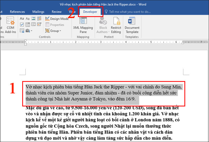Chọn đoạn văn và rồi chọn thẻ Developer