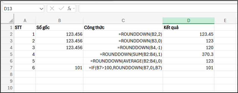 Kết hợp hàm ROUNDDOWN với SUM