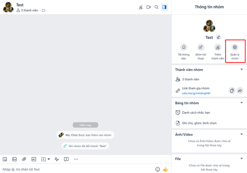 Truy cập mục Quản lý nhóm trên Zalo máy tính