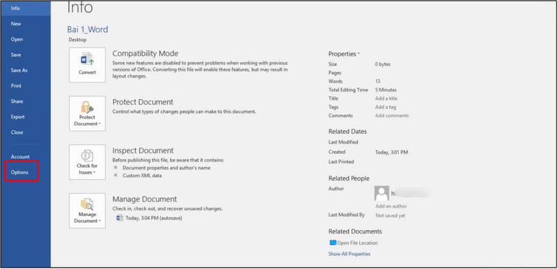 Chọn Options trong thanh menu