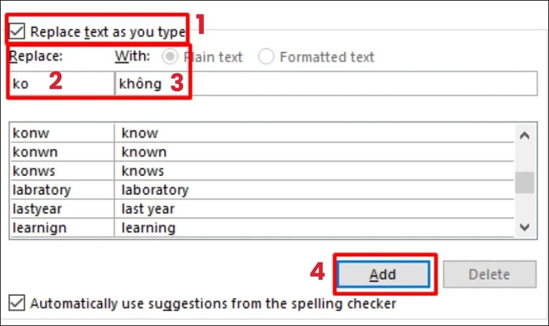 Thêm quy tắc vào AutoCorrect