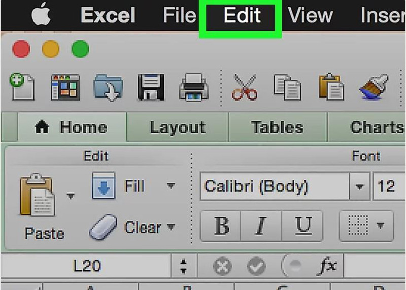 Truy cập menu Edit trong Excel