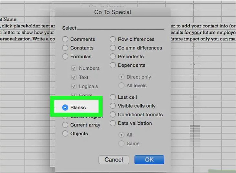 Chọn Blanks trong Go To Special