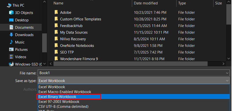 Chọn lưu với định dạng Excel Binary Workbook