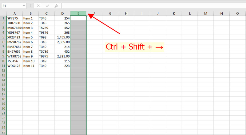 Chọn toàn bộ cột trống bên phải