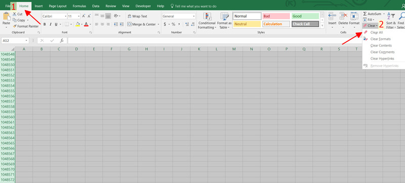 Xóa định dạng trên các cột trống bên phải