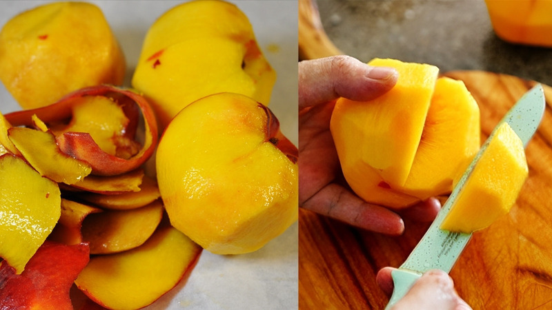 Đào gọt vỏ và cắt miếng