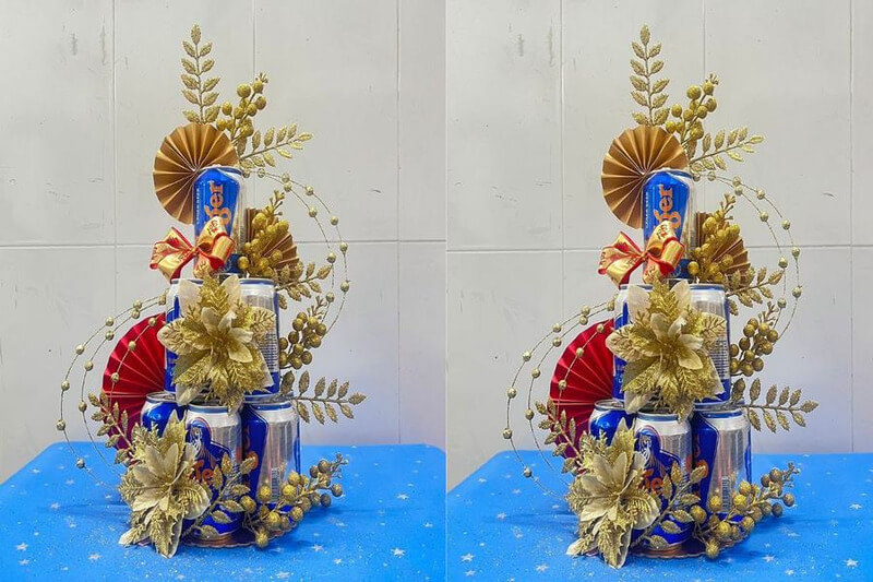 Tháp nước ngọt lon xanh trang trí vàng