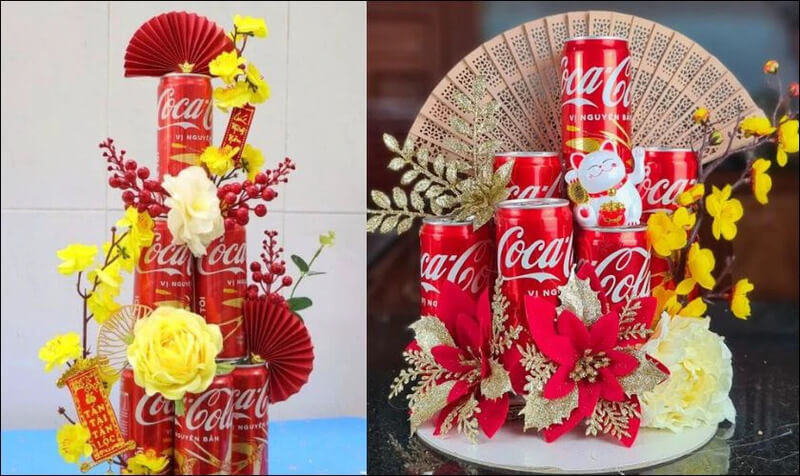 Tháp Coca đỏ trang trí với hoa vàng