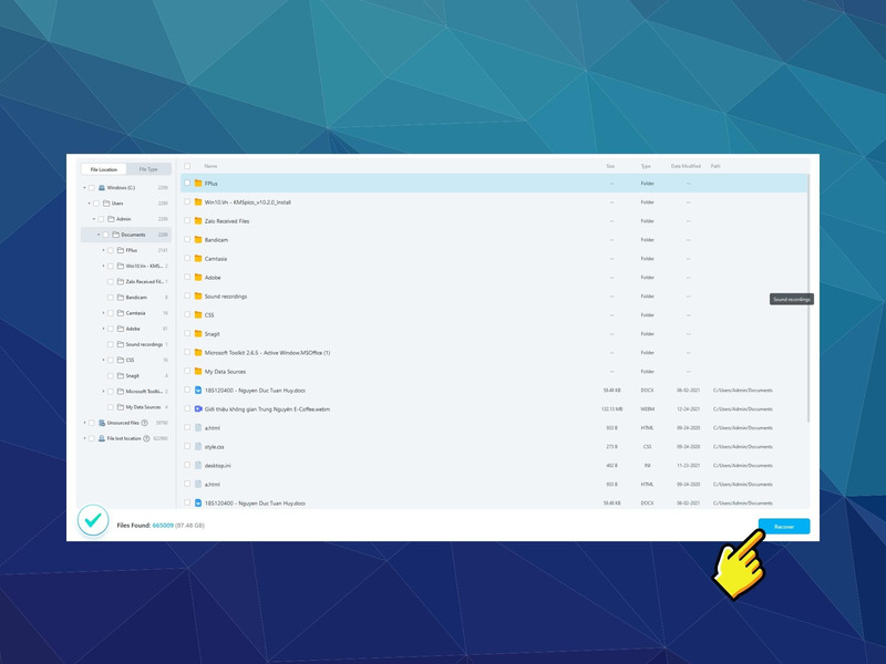 Chọn tệp cần phục hồi và nhấn Recover