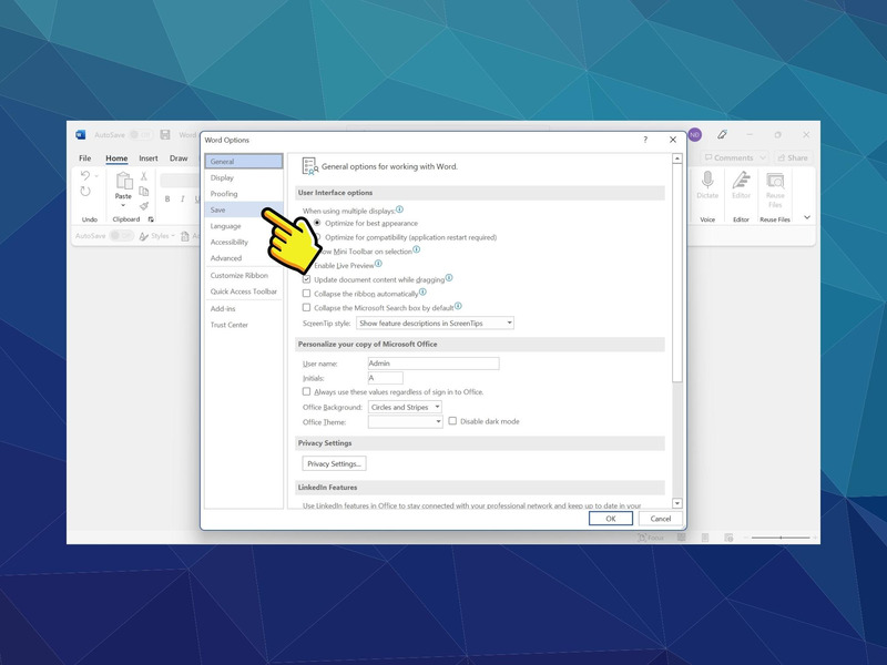 Mở hộp thoại Word Options trong Save