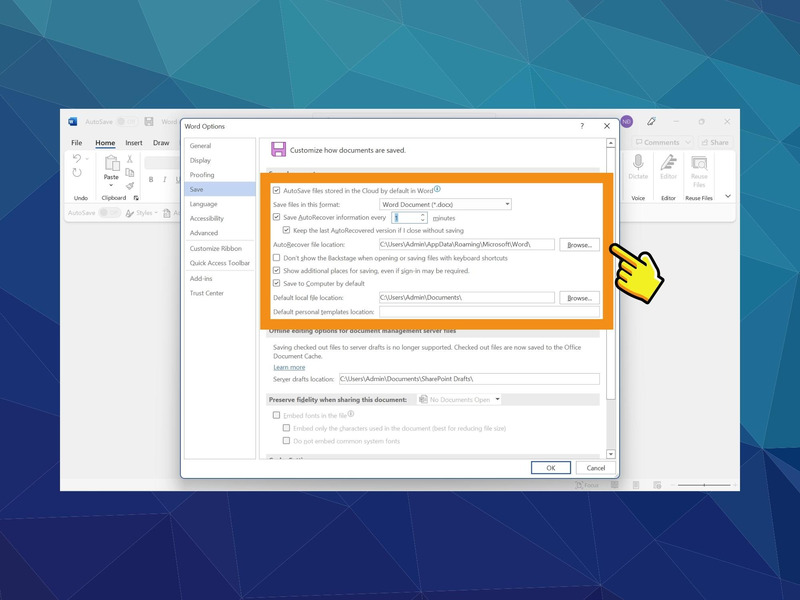 Tích vào ô AutoSave và điều chỉnh thời gian