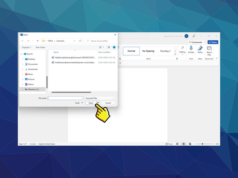 Mở thư mục để chọn file cần khôi phục