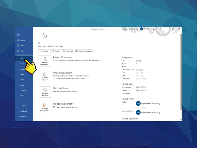 Vào mục Info và chọn Version History