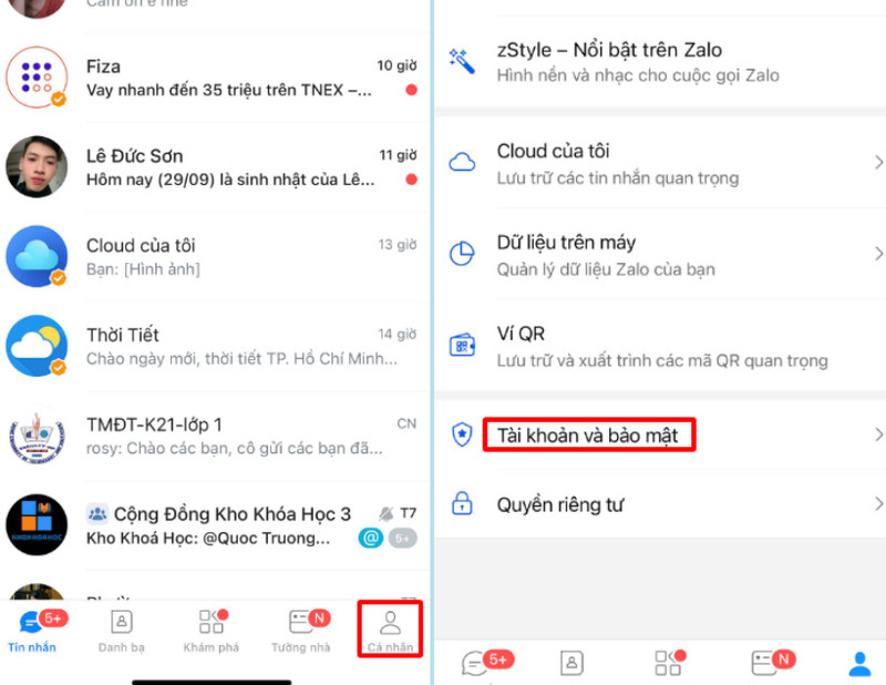 Mở ứng dụng Zalo và chọn vào Tài khoản và bảo mật