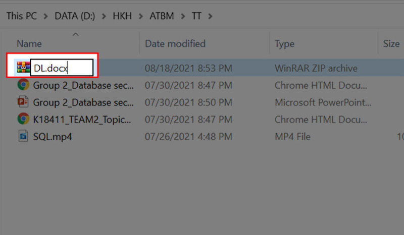 Đổi tên file từ .zip thành .docx