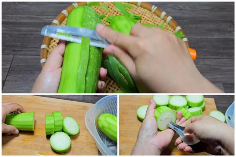 Gọt vỏ và cắt khúc bí đao