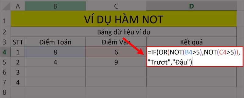 Dùng hàm OR và NOT xét điểm