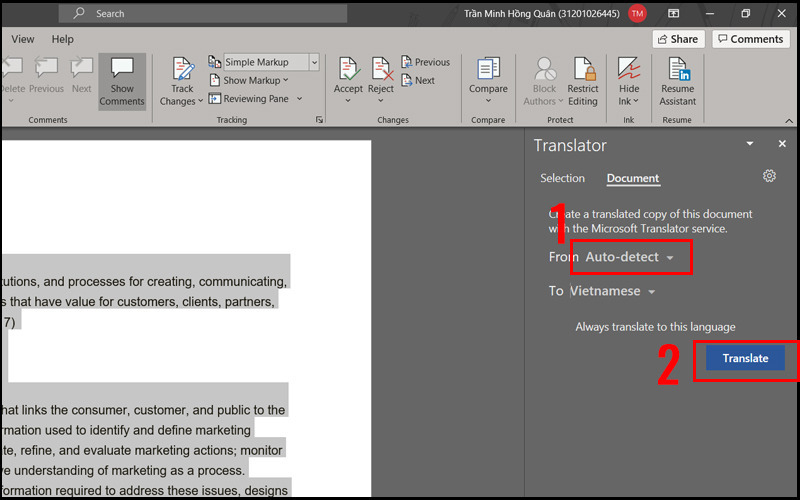 Chọn Auto-detect và bấm Translate để dịch