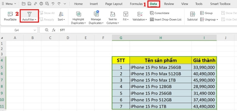 Chọn bảng dữ liệu cần định dạng