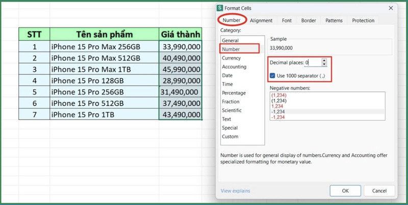 Điều chỉnh các thông số trong thẻ Number