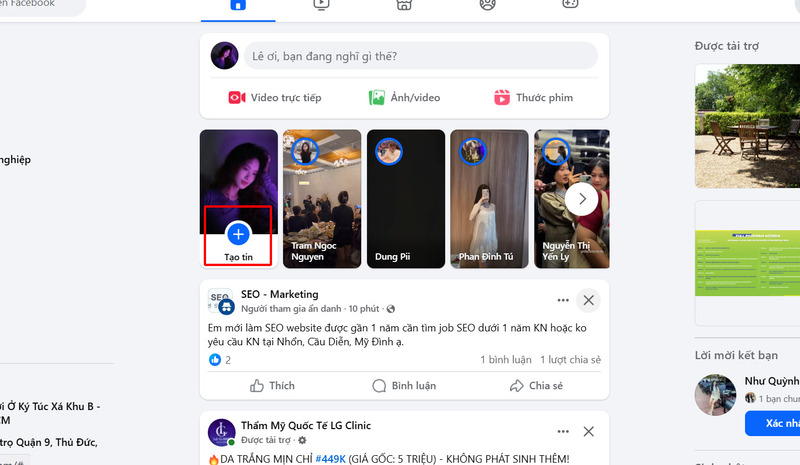 Nhấn vào phần tạo tin trên giao diện facebook