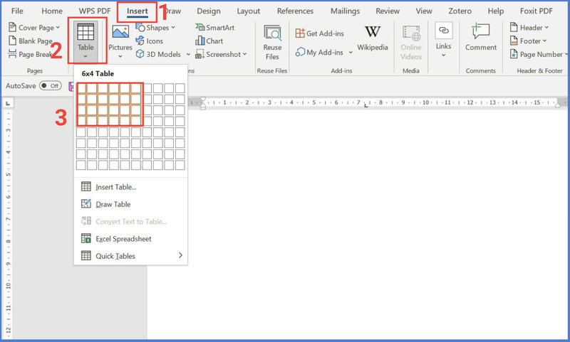 Chọn số hàng và cột để tạo bảng