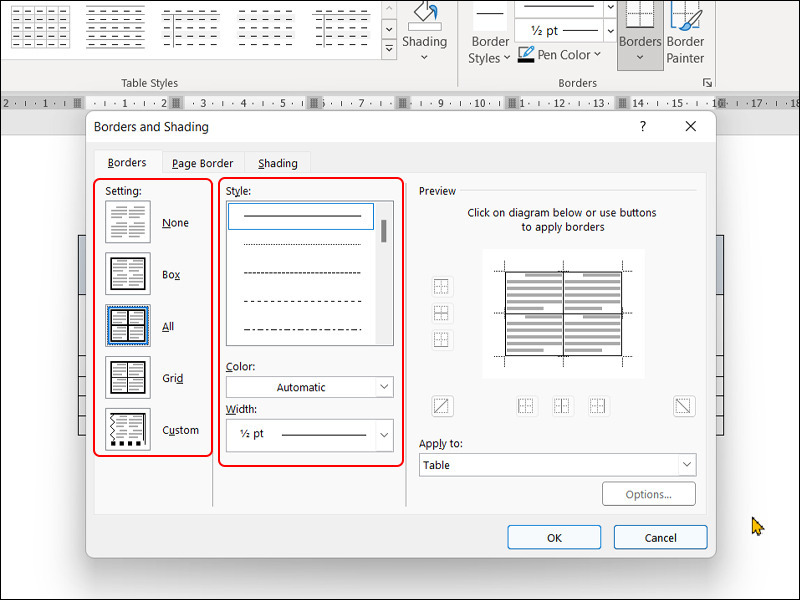 Chọn kiểu, màu sắc, độ dày viền của bảng