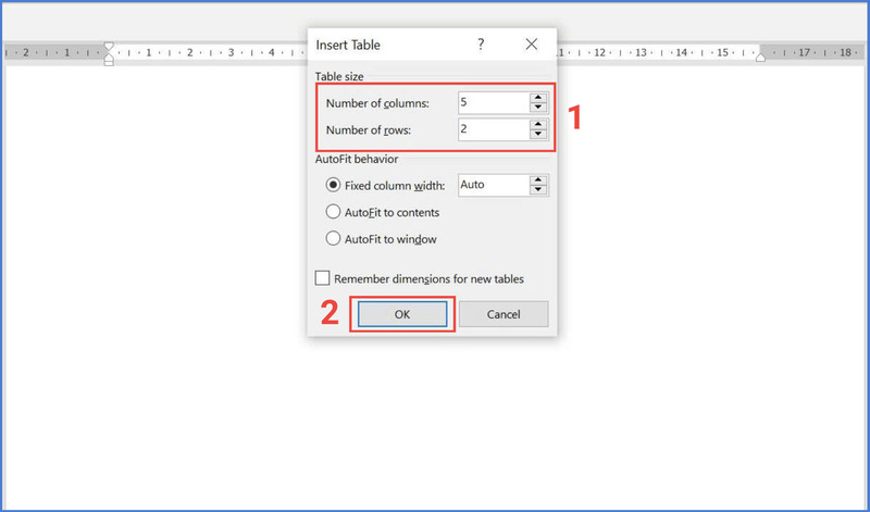 Nhập số hàng và cột cần tạo
