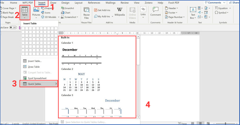 Chọn Quick Tables từ menu Insert