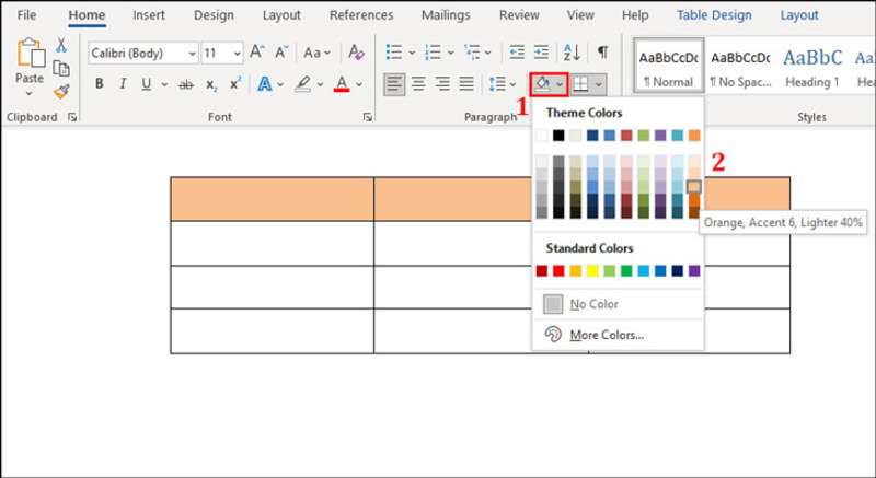 Chọn màu cho bảng trong Word